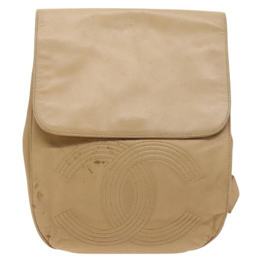 Chanel CC Logo Lambskin Backpack Beige